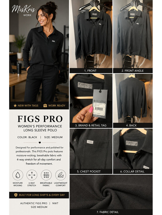 FIGS Tops - NWT FIGS Pro Women's Black Performance Long Sleeve Polo Shirt Medium